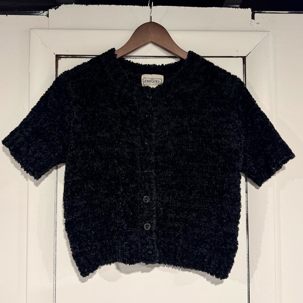 Crop Knot Cardigan Top Black Vintage Size Medium Fuzzy Croquet Club